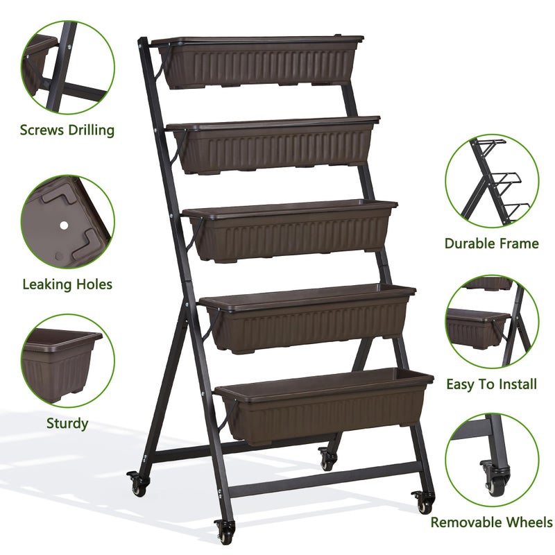 VECELO 5-Tier Vertical Garden Bed, Freestanding Elevated Raised Garden Planter with 5 Garden Planter Boxes, Lockable Caster Wheels, Drainage System, for Plants, Vegetables, Flowers, Herbs - Image 3