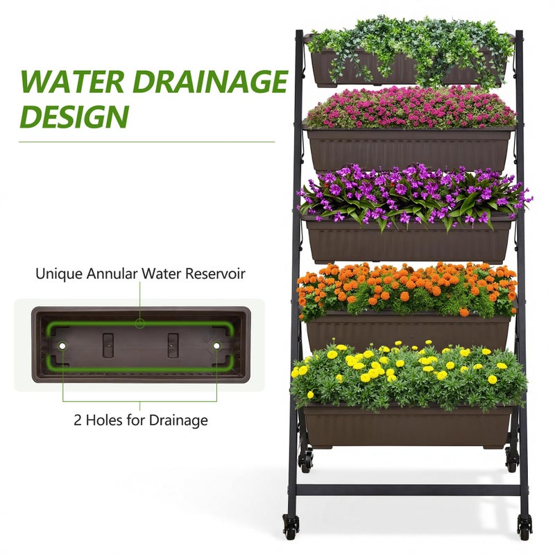 VECELO 5-Tier Vertical Garden Bed, Freestanding Elevated Raised Garden Planter with 5 Garden Planter Boxes, Lockable Caster Wheels, Drainage System, for Plants, Vegetables, Flowers, Herbs - Image 5