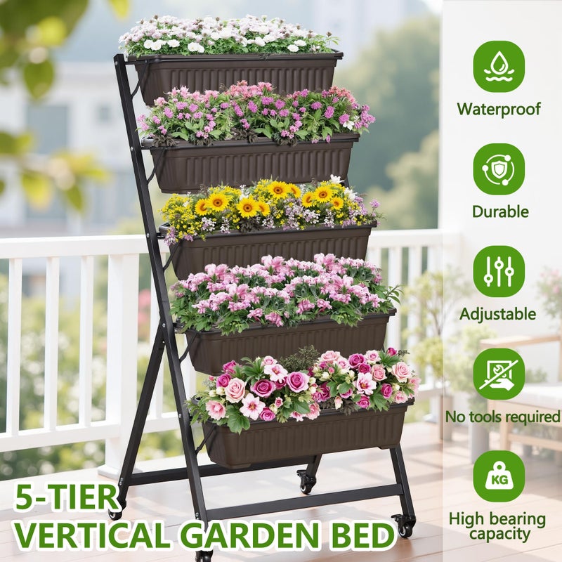 VECELO 5-Tier Vertical Garden Bed, Freestanding Elevated Raised Garden Planter with 5 Garden Planter Boxes, Lockable Caster Wheels, Drainage System, for Plants, Vegetables, Flowers, Herbs - Image 2