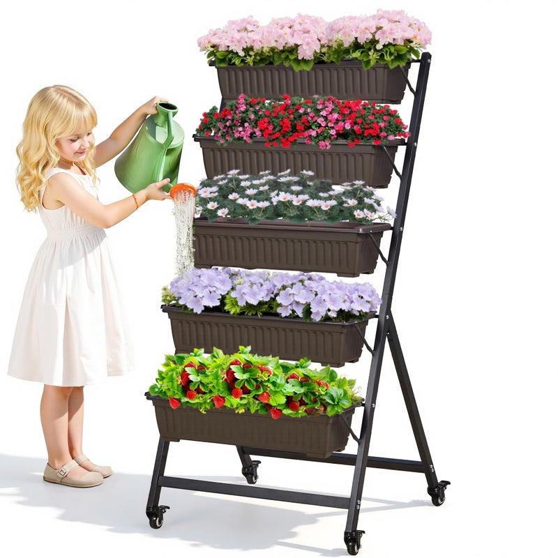 VECELO 5-Tier Vertical Garden Bed, Freestanding Elevated Raised Garden Planter with 5 Garden Planter Boxes, Lockable Caster Wheels, Drainage System, for Plants, Vegetables, Flowers, Herbs - Image 1