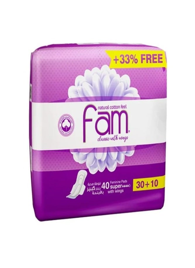 Fam Classic With Wings Natural Cotton Feel, Super Sanitary, 40 Pads 