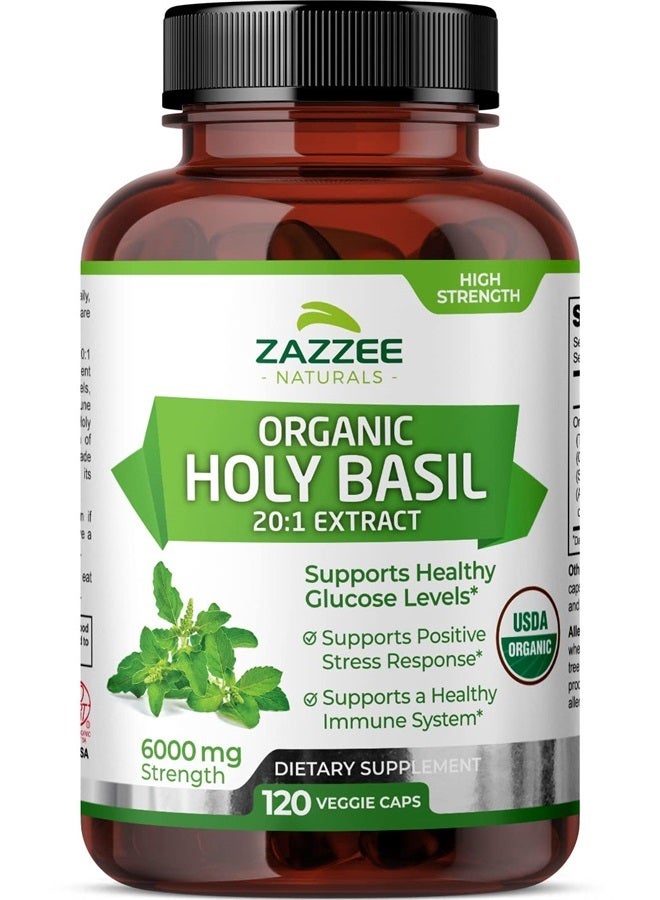 Zazzee Extra Strength USDA Organic Holy Basil, 20:1 Tulsi Extract, 6000 mg Strength, 120 Vegan Capsules, 2.5% Ursolic Acid, Tulsi Extract, 4 Month Supply, Non-GMO and All-Natural