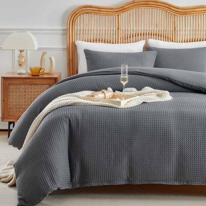 WARMDERN Waffle Weave Duvet Cover Queen Size Grey Textured Duvet Cover Set Soft and Breathable Comforter Cover 3 Pieces Microfiber Bedding Set with Zipper for All SeasonGreyQueen