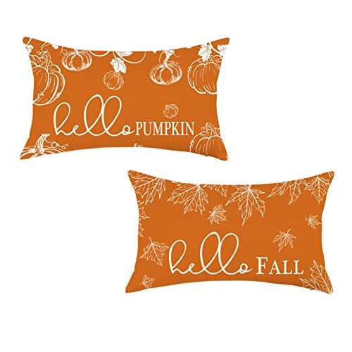 ONWAY Fall Throw Pillow Covers 12x20 Set of 2 Farmhouse Hello Fall Pumpkin Maple Leaves Decorations Outdoor Patio Autumn Seasonal Cushion Cover for Sofa Couch Home Bed - Image 1