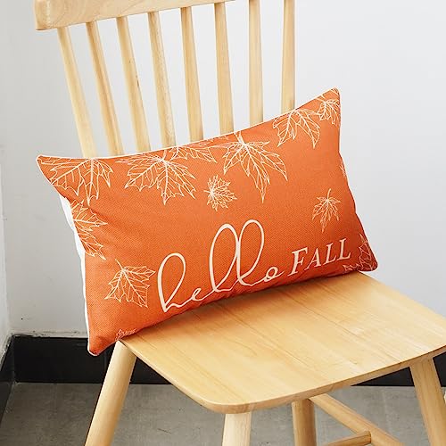 ONWAY Fall Throw Pillow Covers 12x20 Set of 2 Farmhouse Hello Fall Pumpkin Maple Leaves Decorations Outdoor Patio Autumn Seasonal Cushion Cover for Sofa Couch Home Bed - Image 5