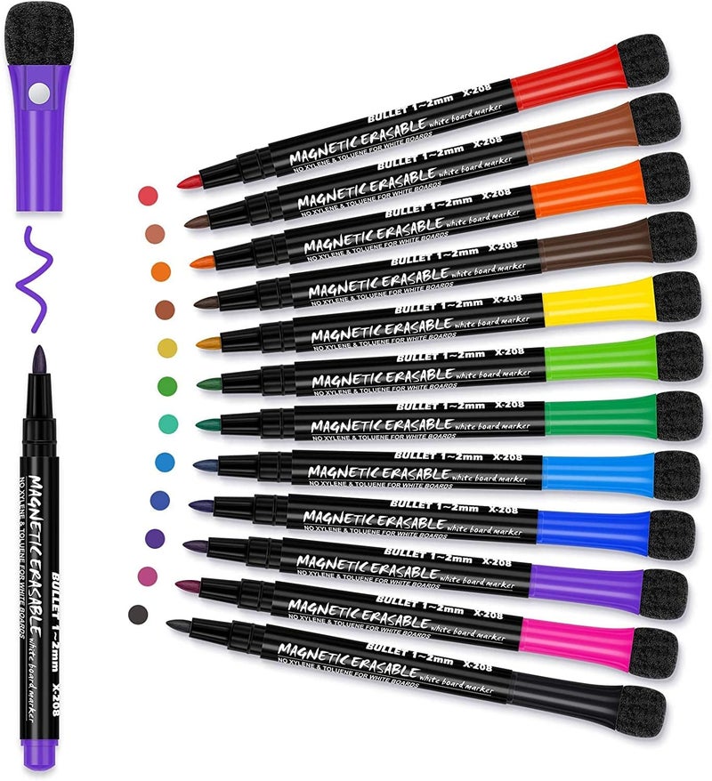 THECLOUDMALL ® Magnetic Dry Erase Markers Fine Tip, Whiteboard Markers with Eraser, 12 Count Colorful Fine Point Dry Erase Markers for Kids, Low Odor Thin Dry Erase Markers for Calendar Boards - Image 2