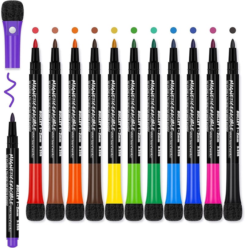 THECLOUDMALL ® Magnetic Dry Erase Markers Fine Tip, Whiteboard Markers with Eraser, 12 Count Colorful Fine Point Dry Erase Markers for Kids, Low Odor Thin Dry Erase Markers for Calendar Boards - Image 1