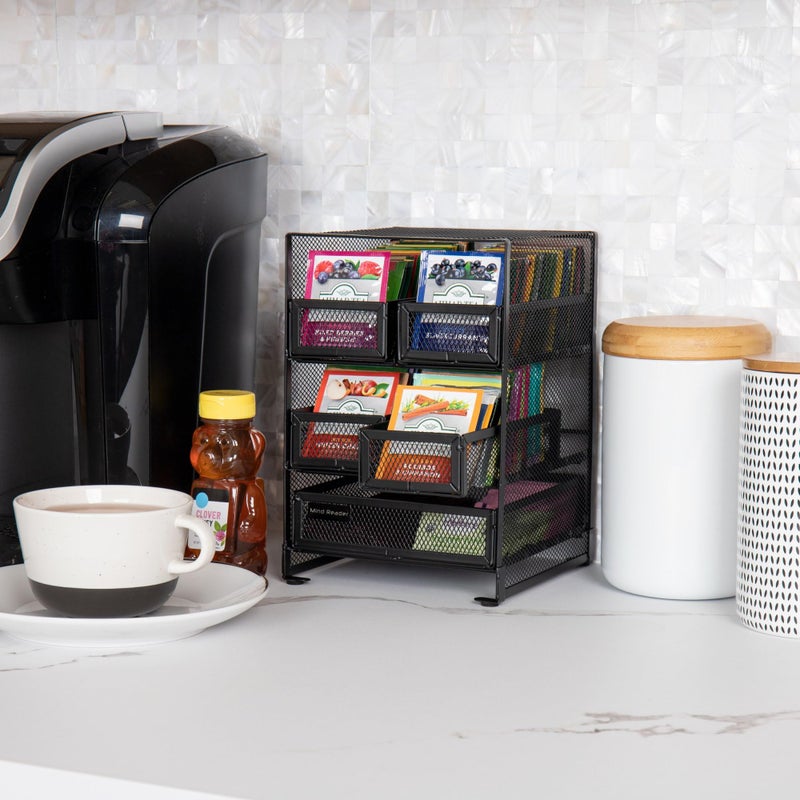 Mind Reader Tea Bag Organizer, Tea Station Organizer, Countertop Storage, Kitchen, Metal Mesh, 7" L x 6.75" W x 10" H, Black - Image 2
