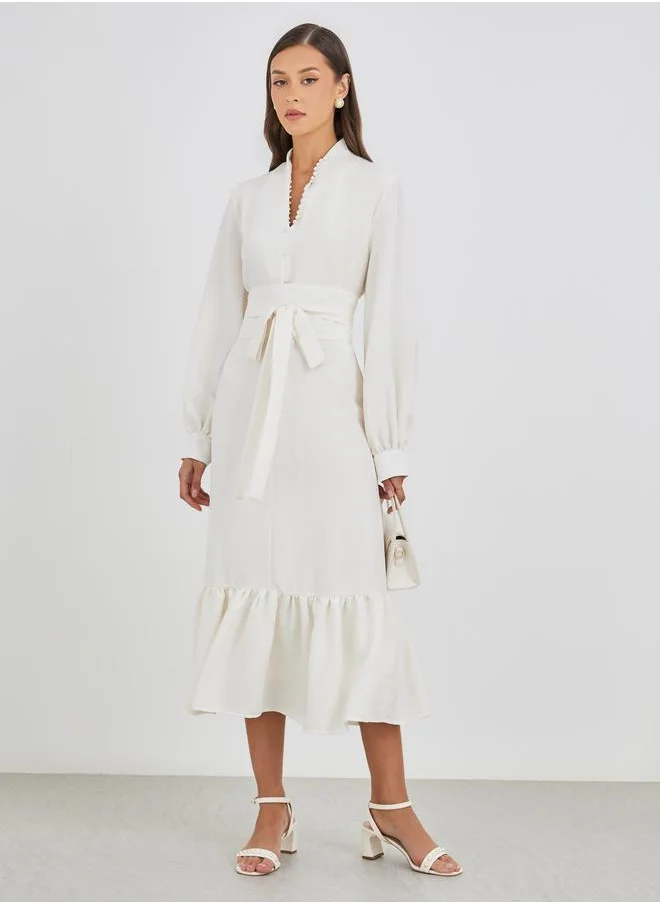 ستايلي Styli Women White Plain Belted A-Line Midi Dress