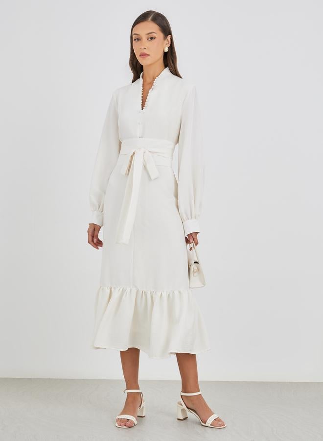 ستايلي فستان ميدي أبيض ستايلي بحزام - للنساء - Image 2