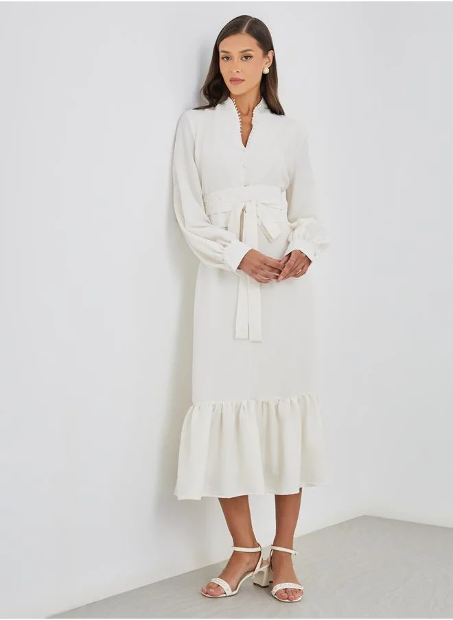 ستايلي Styli Women White Plain Belted A-Line Midi Dress