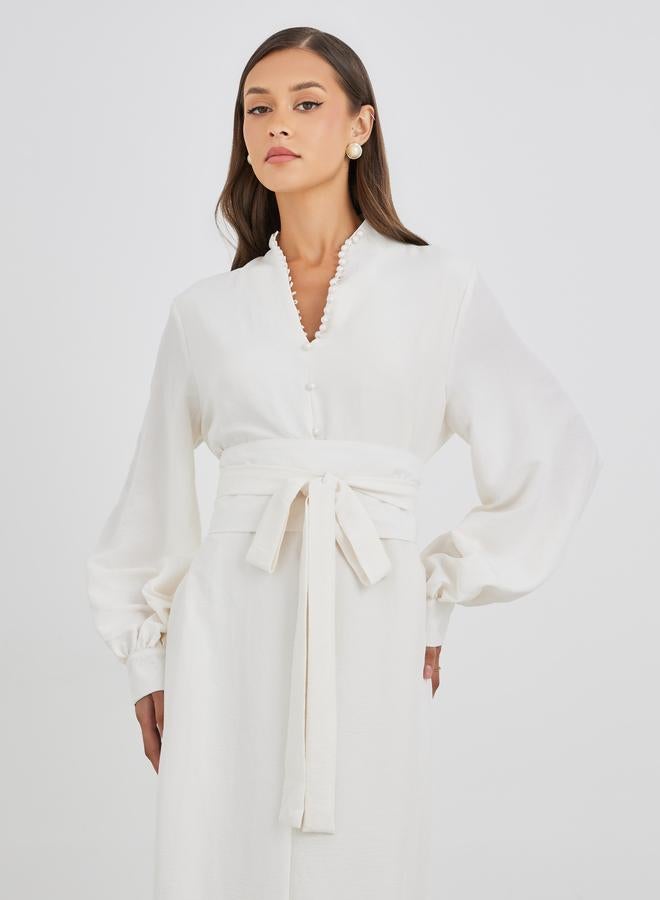 ستايلي فستان ميدي أبيض ستايلي بحزام - للنساء - Image 3