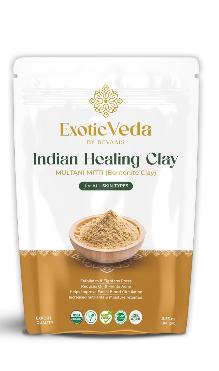 Exotic Veda Multani Mitti Fullers Earth Clay  Indian Healing Bentonite Clay for Face Mask Skincare Cleansing Oil Control Exfoliate Tighten Pores Fight Acne Blemishes AntiAging Dandruff