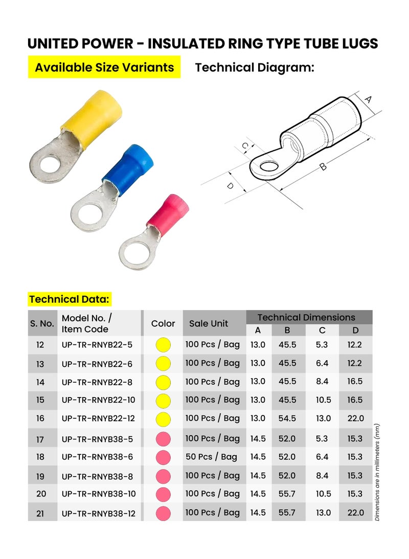 يونايتد باور أطراف حلقية معزولة - أطراف أنابيب نحاسية عالية التوصيل للبطاريات والسيارات والكهرباء - Image 3