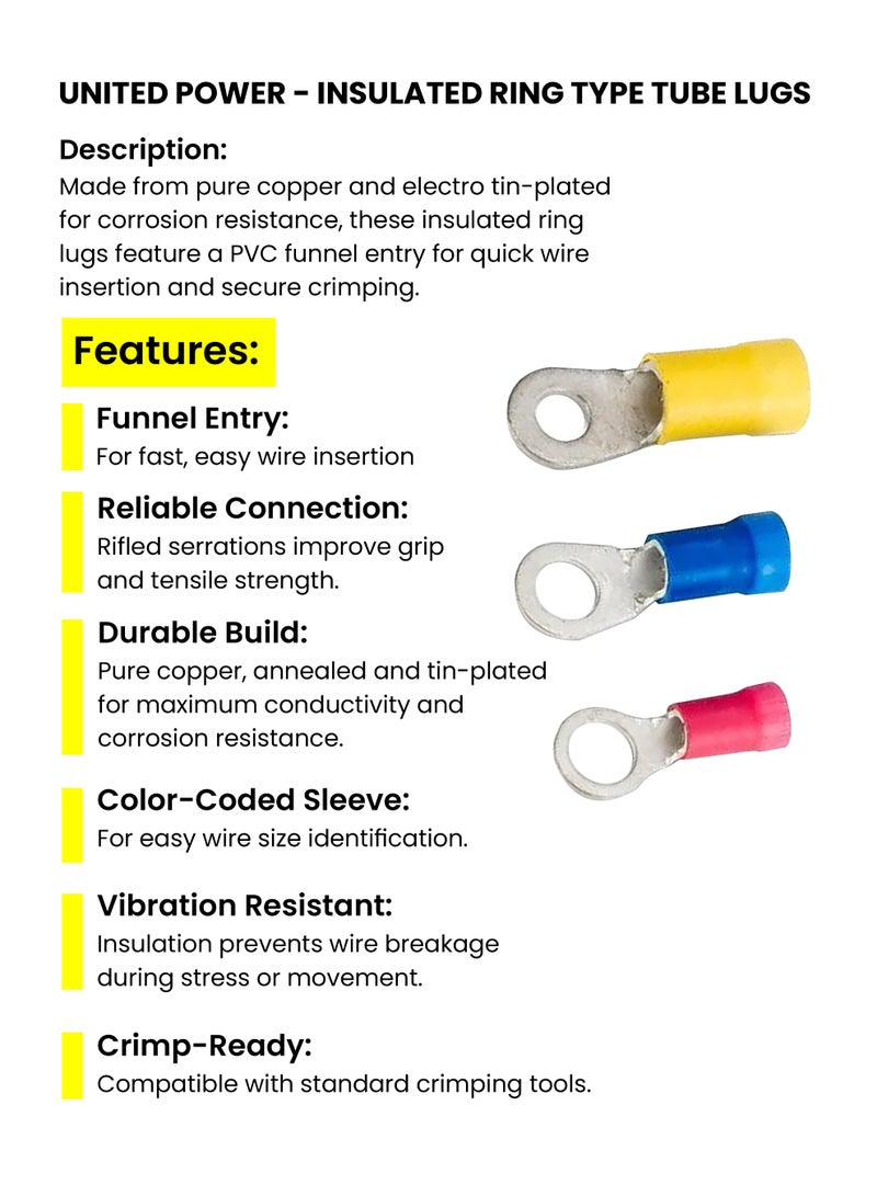 يونايتد باور أطراف حلقية معزولة - أطراف أنابيب نحاسية عالية التوصيل للبطاريات والسيارات والكهرباء - Image 4