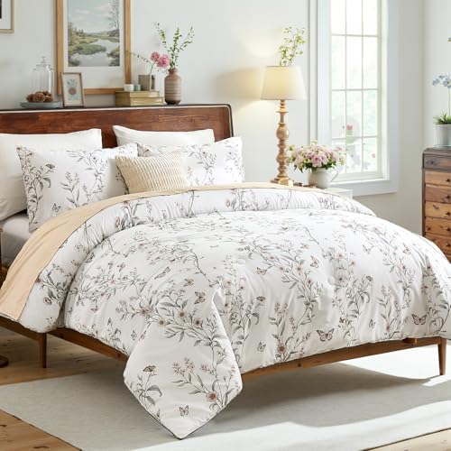 Bedorm Vintage Floral Comforter Set 100% Cotton Queen Bedding Set Green Leaf Flower Butterfly French Country Bedding 3 Pcs Extra Soft & Breathable Bed Comforter - Image 2