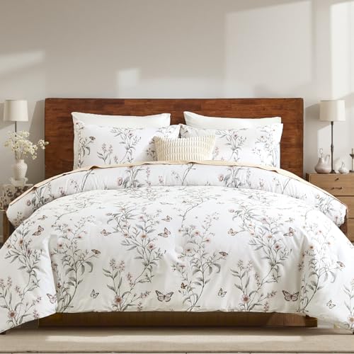 Bedorm Vintage Floral Comforter Set 100% Cotton Queen Bedding Set Green Leaf Flower Butterfly French Country Bedding 3 Pcs Extra Soft & Breathable Bed Comforter - Image 1