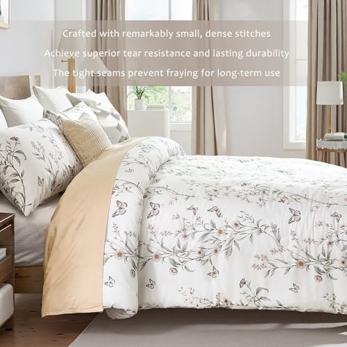 Bedorm Vintage Floral Comforter Set 100% Cotton Queen Bedding Set Green Leaf Flower Butterfly French Country Bedding 3 Pcs Extra Soft & Breathable Bed Comforter - Image 4
