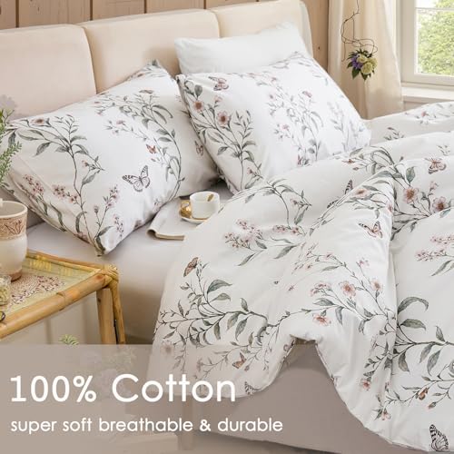 Bedorm Vintage Floral Comforter Set 100% Cotton Queen Bedding Set Green Leaf Flower Butterfly French Country Bedding 3 Pcs Extra Soft & Breathable Bed Comforter - Image 3