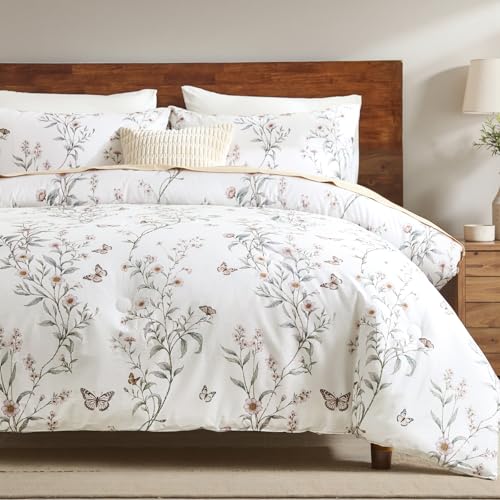 Bedorm Vintage Floral Comforter Set 100% Cotton Queen Bedding Set Green Leaf Flower Butterfly French Country Bedding 3 Pcs Extra Soft & Breathable Bed Comforter - Image 5