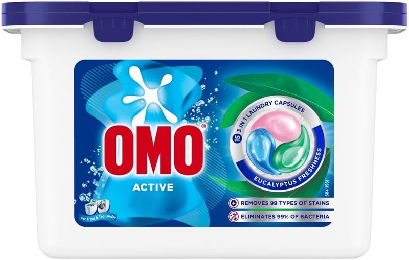Omo 3in1 Laundry Capsules, Eucalyptus Freshness, 15 Capsules, Removes 99 Types of Stains - Image 2