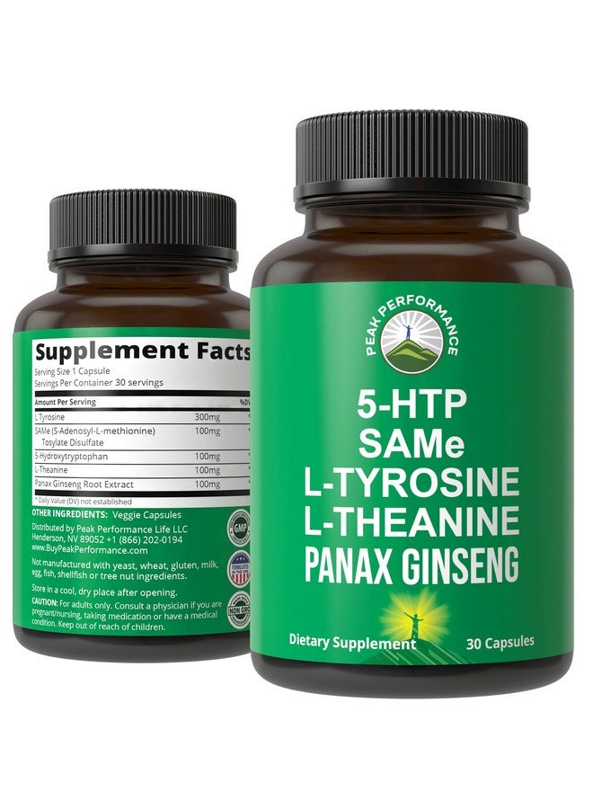 Peak Performance Mood Support Supplement with 5 Top Ingredients: 5HTP, SAM e, L Tyrosine, L Theanine, and Panax Ginseng. Calm, Focus, Relaxation Supplements. Vegan - Image 1