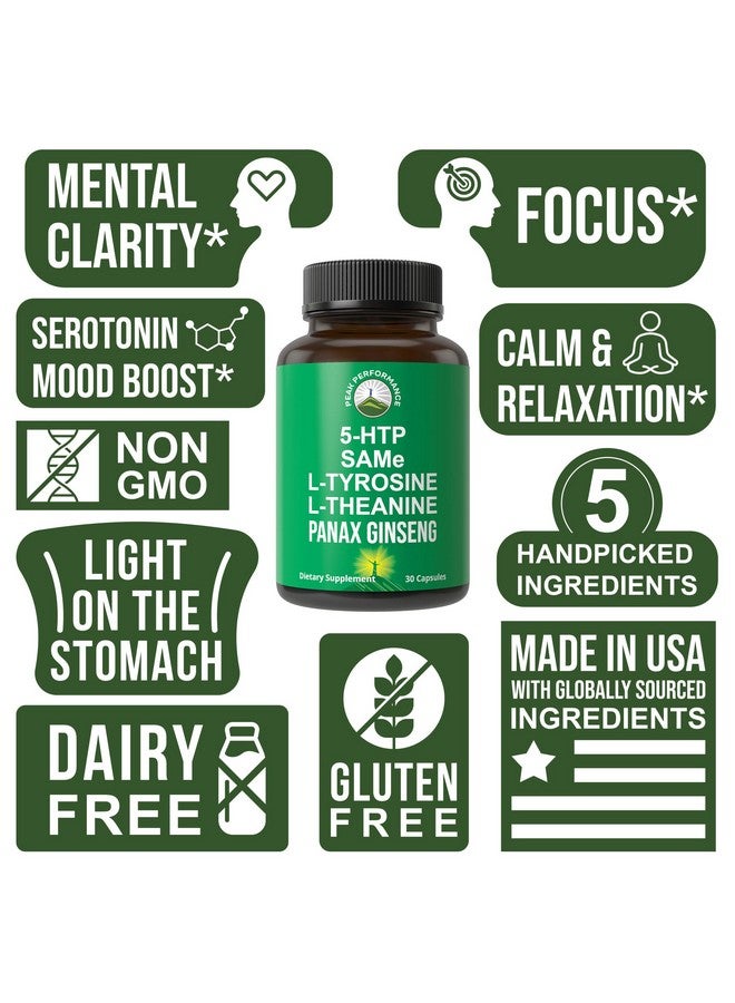 Peak Performance Mood Support Supplement with 5 Top Ingredients: 5HTP, SAM e, L Tyrosine, L Theanine, and Panax Ginseng. Calm, Focus, Relaxation Supplements. Vegan - Image 4