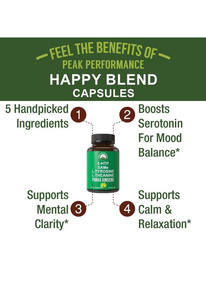 Peak Performance Mood Support Supplement with 5 Top Ingredients: 5HTP, SAM e, L Tyrosine, L Theanine, and Panax Ginseng. Calm, Focus, Relaxation Supplements. Vegan - Image 2