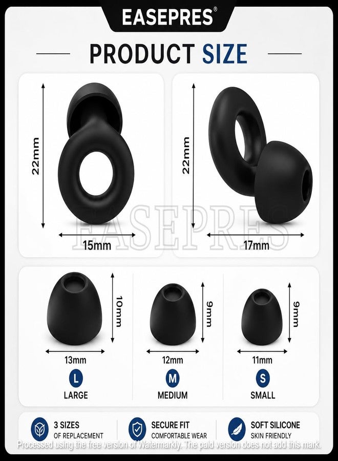 EASEPRES Noise Cancelling Ear Plugs | Soft Silicone Reusable Earplugs with 6 Comfort Tips (S/M/L) | Secure Fit Noise Reduction for Sleeping, Travel, Flight, Work & Snoring – Black - Image 3