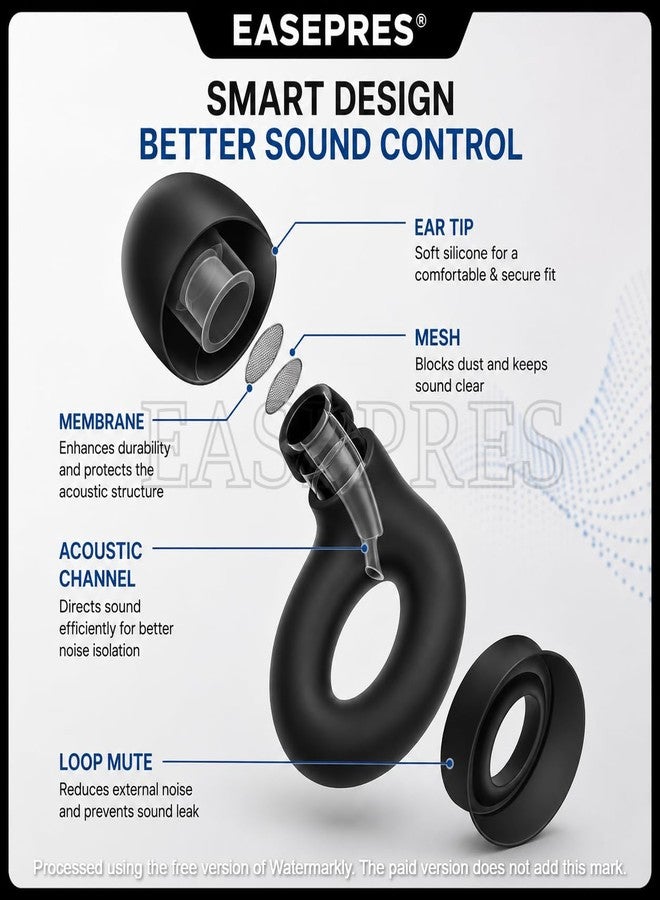 EASEPRES Noise Cancelling Ear Plugs | Soft Silicone Reusable Earplugs with 6 Comfort Tips (S/M/L) | Secure Fit Noise Reduction for Sleeping, Travel, Flight, Work & Snoring – Black - Image 2