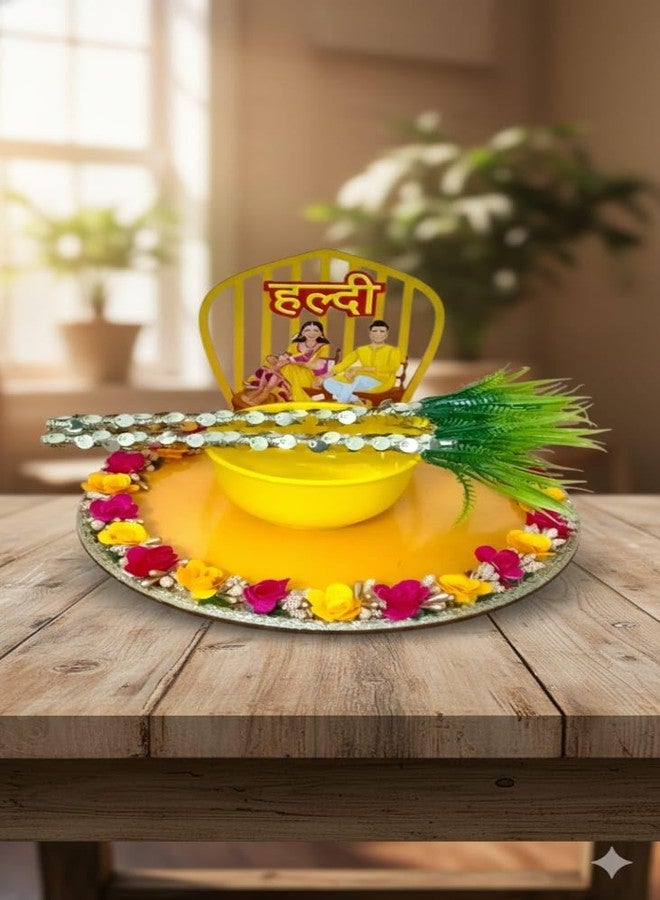 KOOGLY Platter for Haldi Ceremony | Round Decorated Wedding Tray for Bride and Groom with 2 Stick and 1 Bowl [Yellow] - Image 2