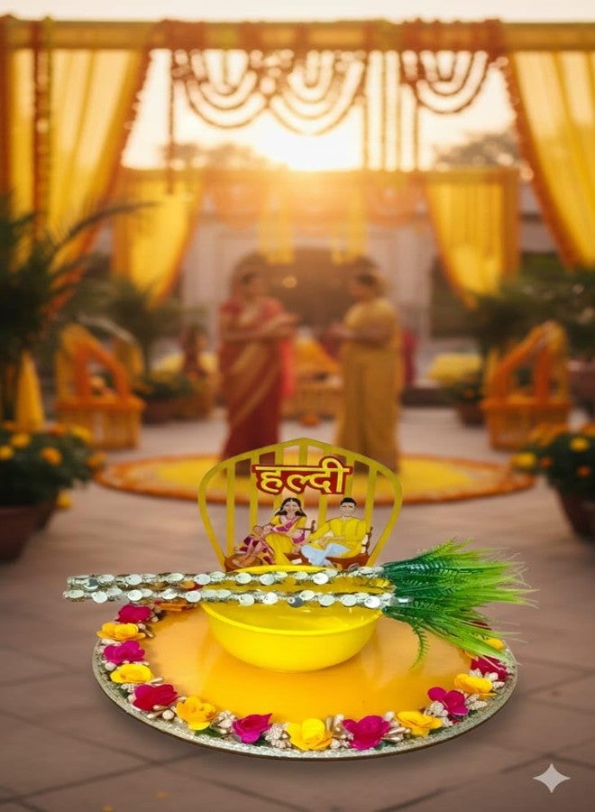 KOOGLY Platter for Haldi Ceremony | Round Decorated Wedding Tray for Bride and Groom with 2 Stick and 1 Bowl [Yellow] - Image 3