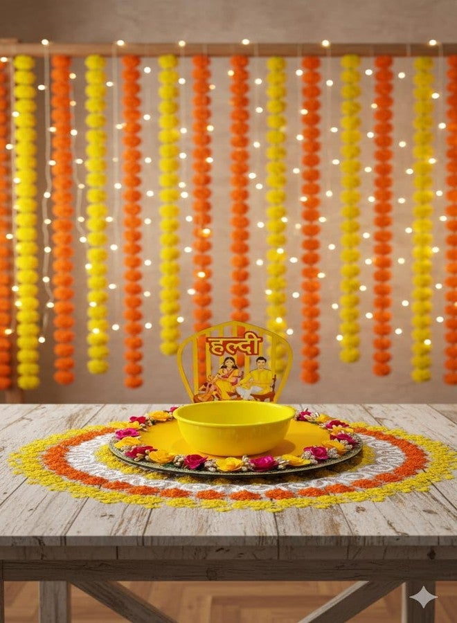 KOOGLY Platter for Haldi Ceremony | Round Decorated Wedding Tray for Bride and Groom with 2 Stick and 1 Bowl [Yellow] - Image 5