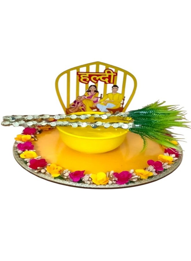 KOOGLY Platter for Haldi Ceremony | Round Decorated Wedding Tray for Bride and Groom with 2 Stick and 1 Bowl [Yellow] - Image 1
