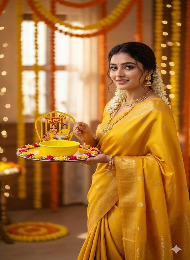 KOOGLY Platter for Haldi Ceremony | Round Decorated Wedding Tray for Bride and Groom with 2 Stick and 1 Bowl [Yellow] - Image 4