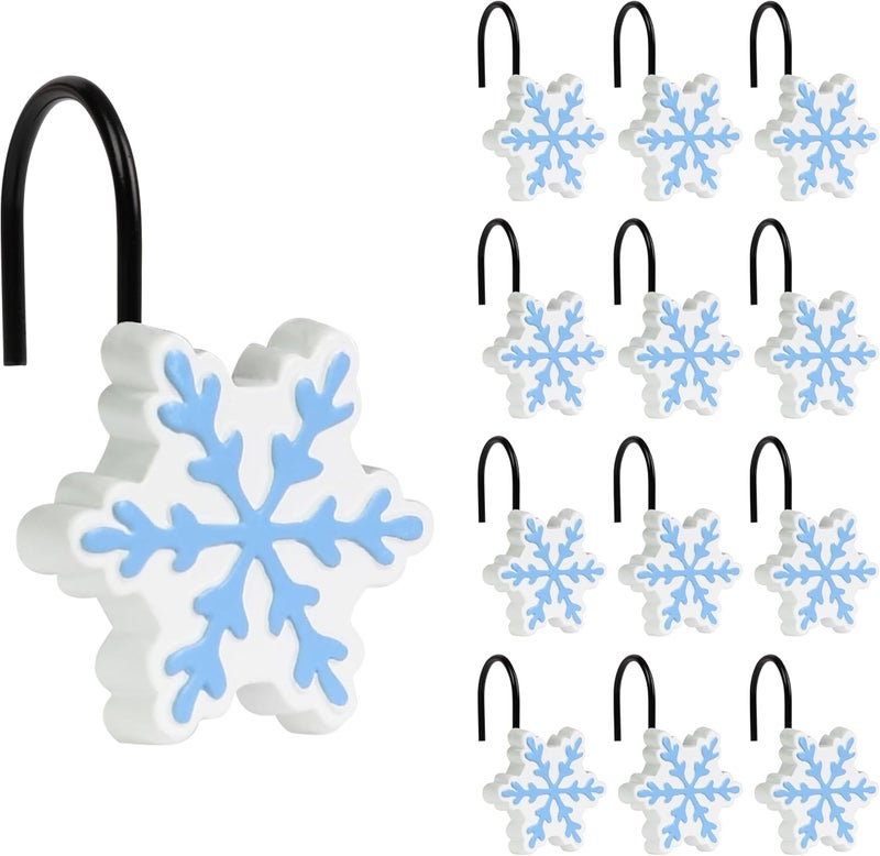 Sunlit Christmas Shower Curtain Hooks, Snowflakes Shower Curtain Rings with Black Hooks, Resin, White and Light Blue Christmas Decor, Winter Bathroom Decoration, Set of 12 - Image 1