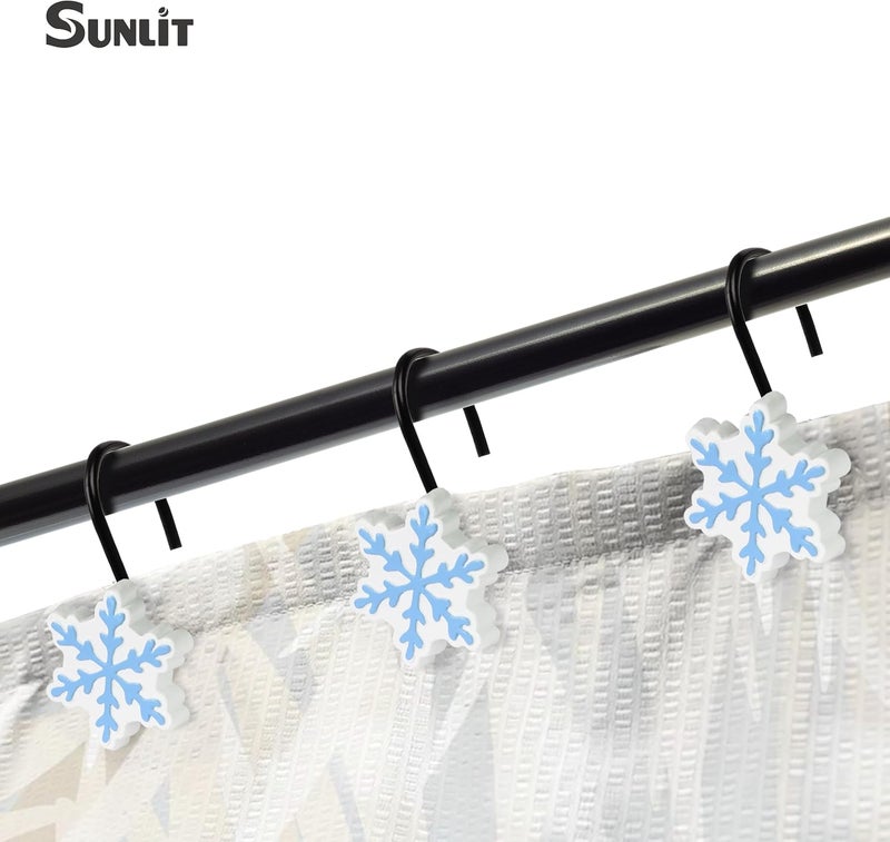Sunlit Christmas Shower Curtain Hooks, Snowflakes Shower Curtain Rings with Black Hooks, Resin, White and Light Blue Christmas Decor, Winter Bathroom Decoration, Set of 12 - Image 4