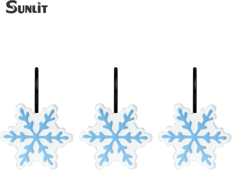 Sunlit Christmas Shower Curtain Hooks, Snowflakes Shower Curtain Rings with Black Hooks, Resin, White and Light Blue Christmas Decor, Winter Bathroom Decoration, Set of 12 - Image 2