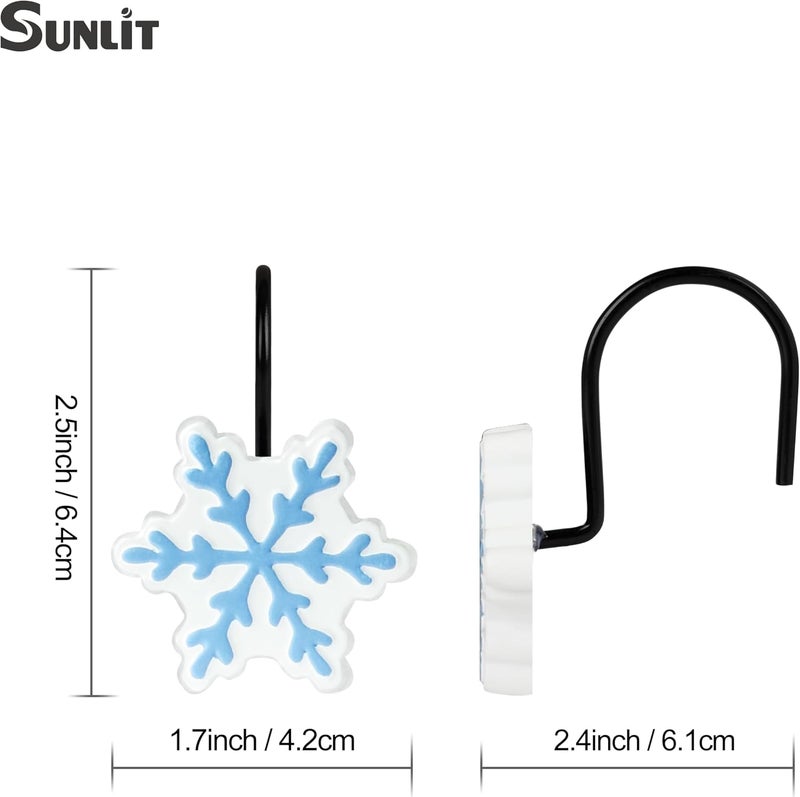 Sunlit Christmas Shower Curtain Hooks, Snowflakes Shower Curtain Rings with Black Hooks, Resin, White and Light Blue Christmas Decor, Winter Bathroom Decoration, Set of 12 - Image 3