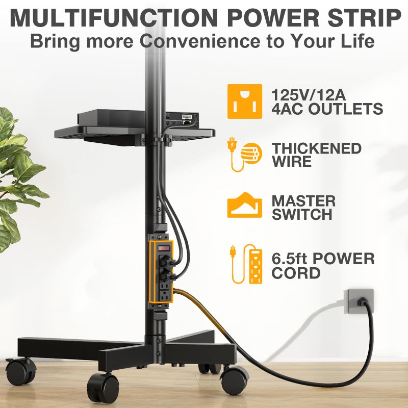 TVON Mobile TV Stand with Power Outlet, Tilt Rolling TV Cart for 23-65 Inch LCD LED OLED Flat Curved Screen TVs up to 88 lbs, Height Adjustment Portable TV Stand on Wheels, Max VESA 400x400mm - Image 3