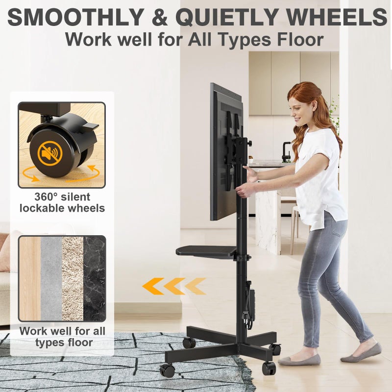 TVON Mobile TV Stand with Power Outlet, Tilt Rolling TV Cart for 23-65 Inch LCD LED OLED Flat Curved Screen TVs up to 88 lbs, Height Adjustment Portable TV Stand on Wheels, Max VESA 400x400mm - Image 5