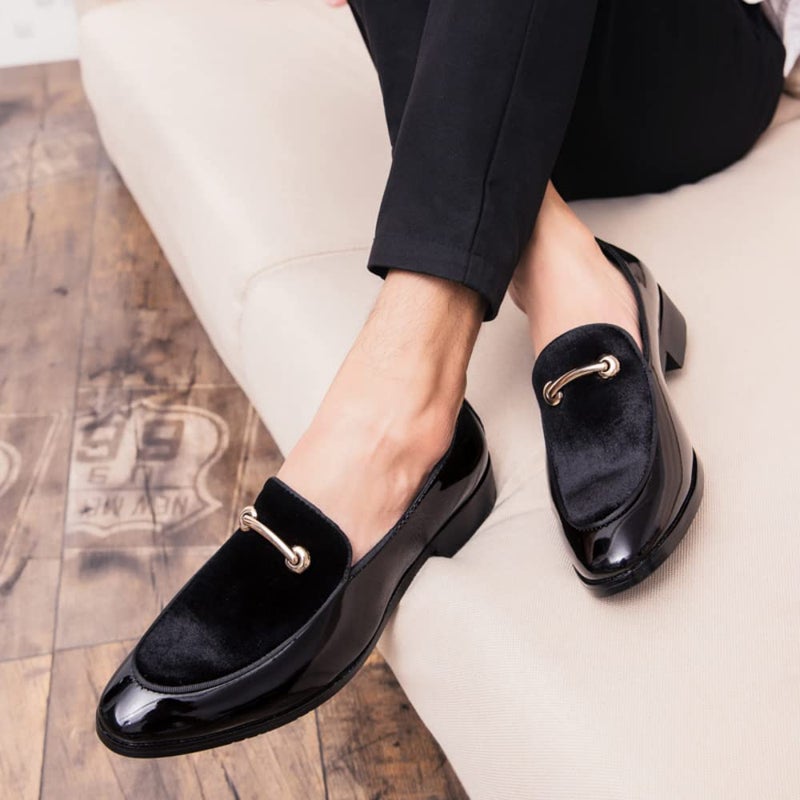 Fenlogft Men's Velvet Patent Leather Slip-on Dress Shoes Business and Parties Formal Events Smoking Slippers Loafers (Velvet Black,9.5) - Image 2