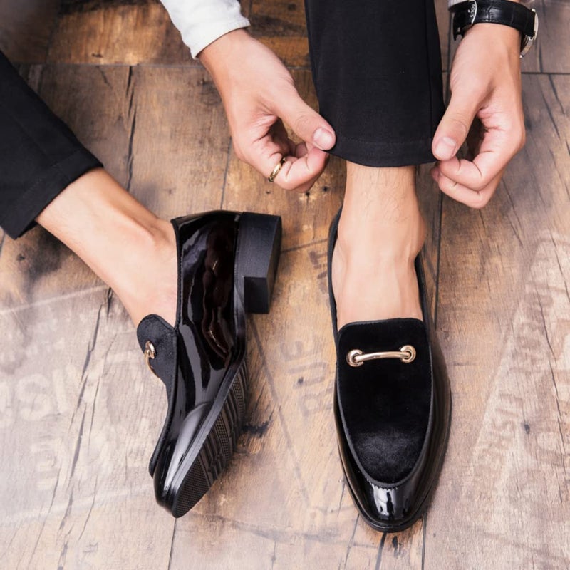Fenlogft Men's Velvet Patent Leather Slip-on Dress Shoes Business and Parties Formal Events Smoking Slippers Loafers (Velvet Black,9.5) - Image 3