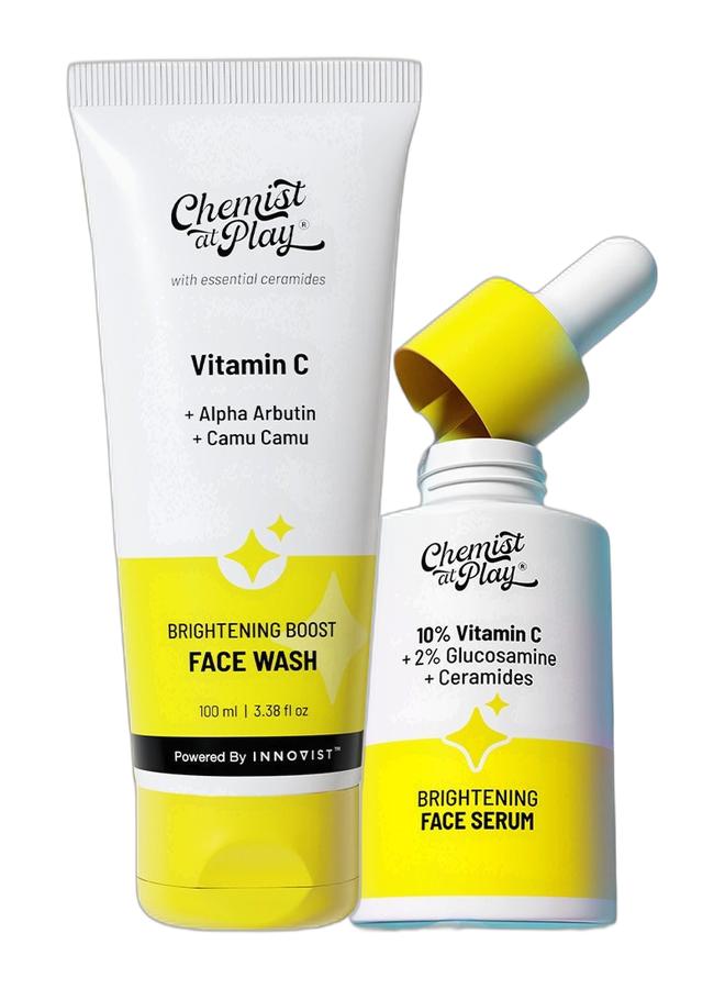 Chemist at Play Brightening Boost Face Wash with 30x Vitamin C | Cleans Oil & Dirt | Fades Dark Spots | Boosts Radiance | For All Skin Types | For Men & Women | Vegan | SLS & Paraben Free | 100 ml & 10% Vitamin C Face Serum |Brightens & Gives Glow |Fades Dark Spots |Treats Hyperpigmentation| Balances Melanin Production | Ethyl Ascorbic Acid & Glucosamine | For All Skin Types 30ml Bundle - Image 1