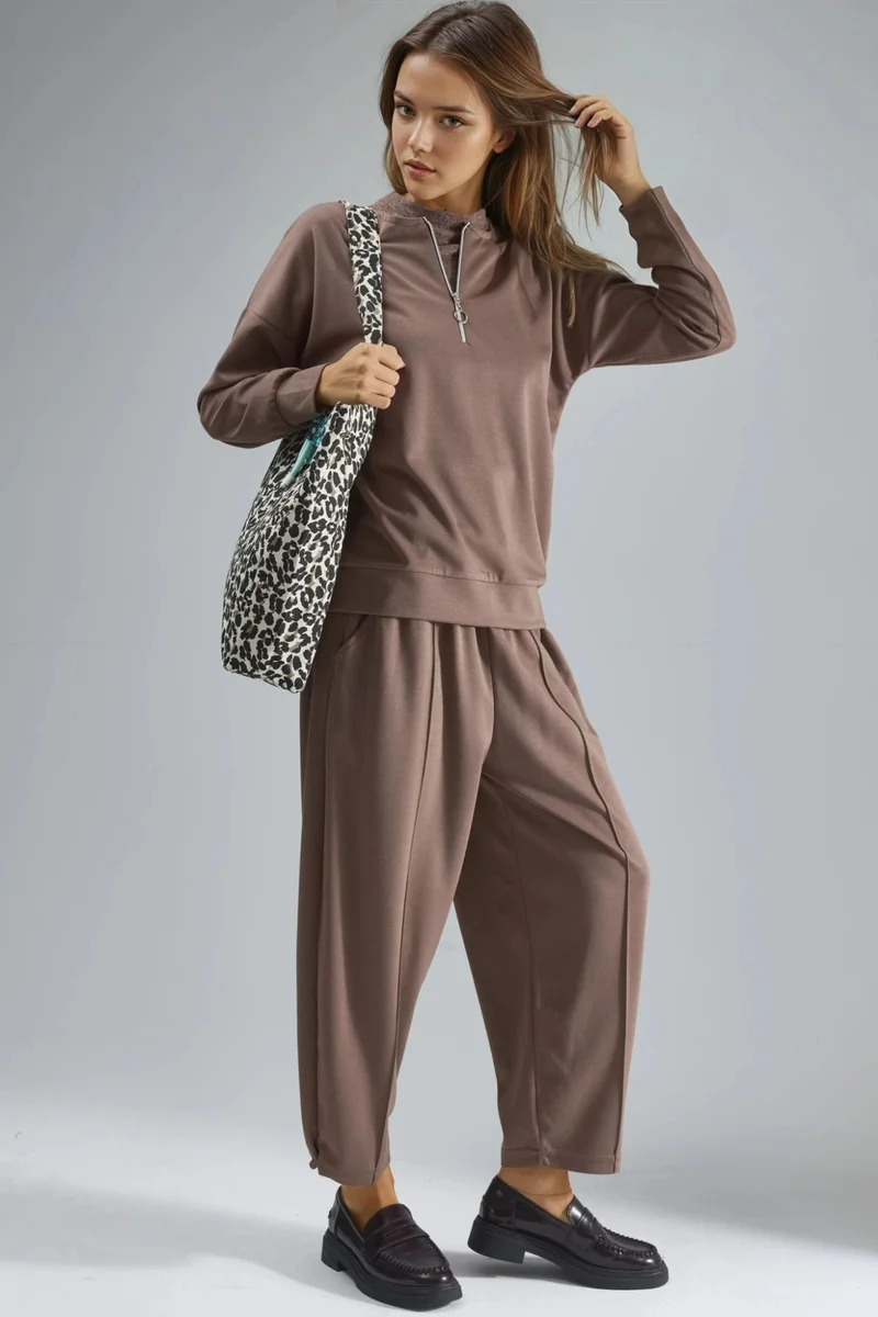 Hiccup Coffee Brown Modal Touch Zipper Collar Two-Piece Set Bersan Collection for Women | Best Price UAE