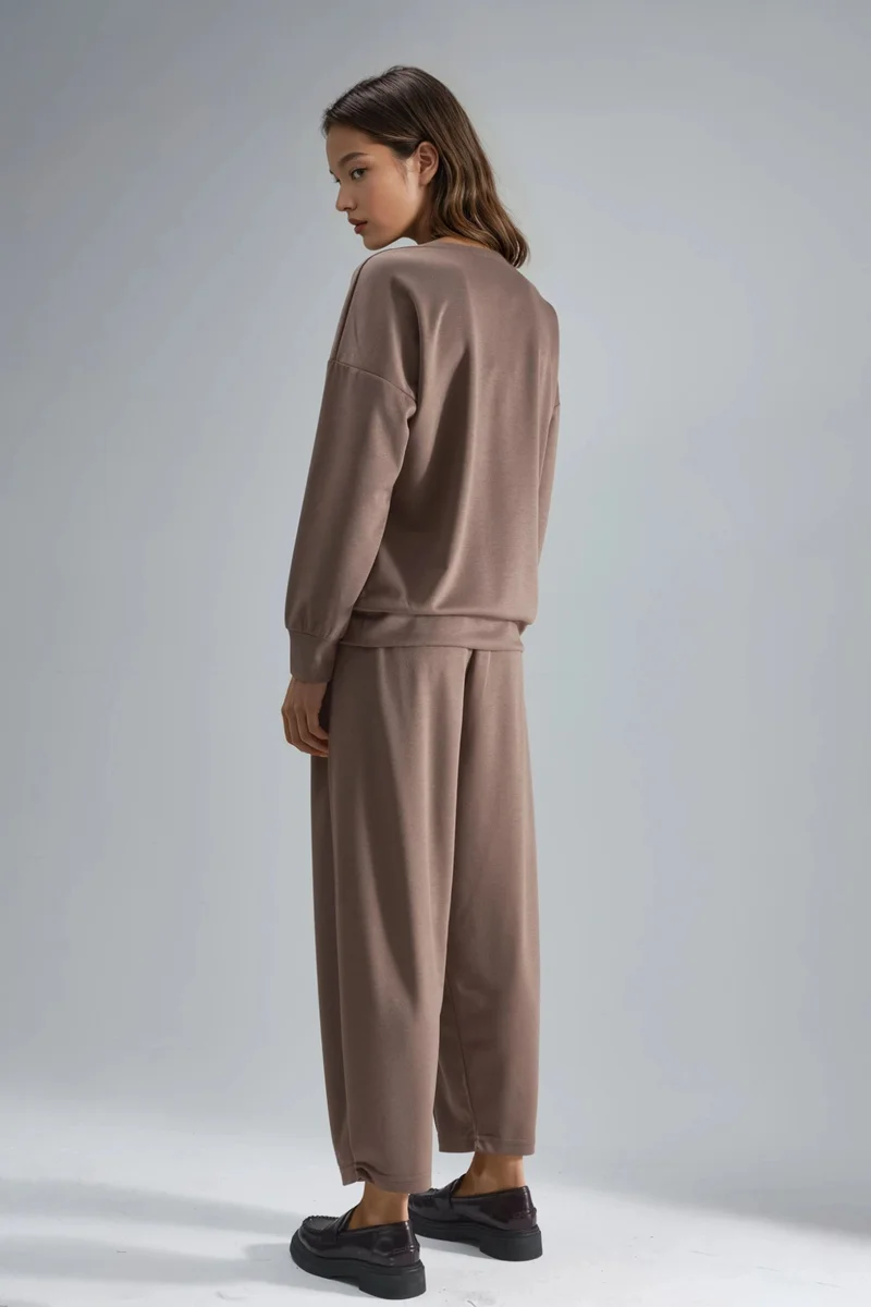 Hiccup Coffee Brown Modal Touch Zipper Collar Two-Piece Set Bersan Collection for Women | Best Price UAE