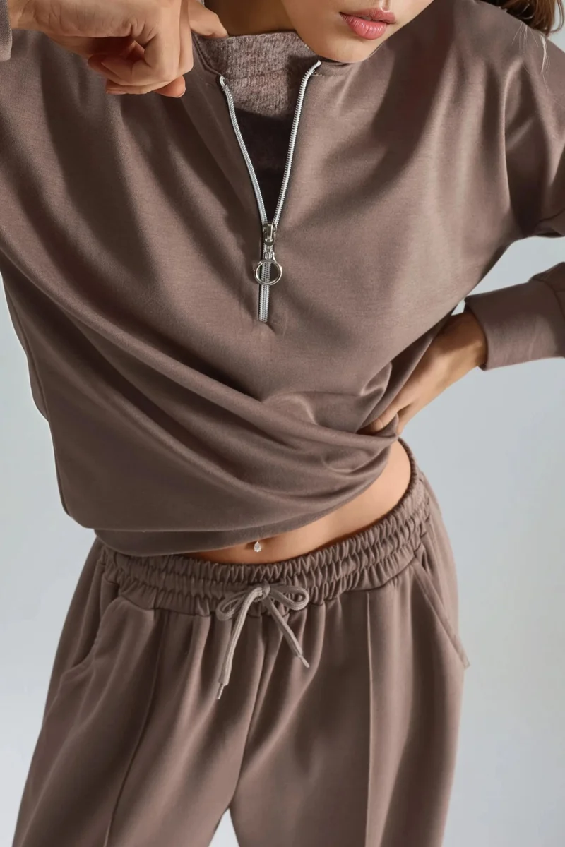 Hiccup Coffee Brown Modal Touch Zipper Collar Two-Piece Set Bersan Collection for Women | Best Price UAE