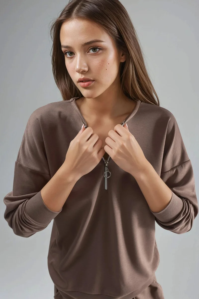 Hiccup Coffee Brown Modal Touch Zipper Collar Two-Piece Set Bersan Collection for Women | Best Price UAE