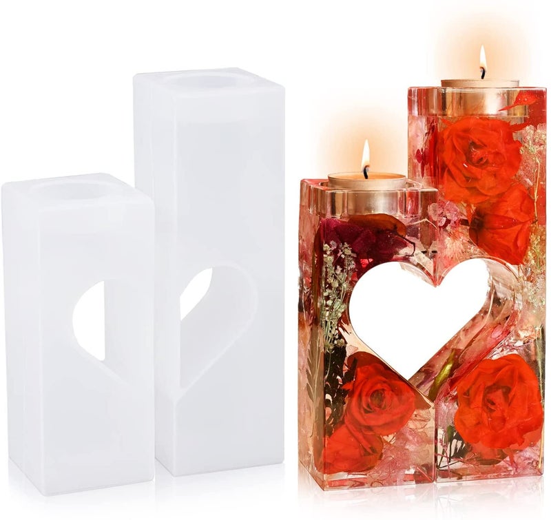 SNOOGG Romantic Warm Gift Heart Shape Resin Tealight Candles Holders Mold Set, 2pc molds and 2pc Wooden Frame. Moulds for Epoxy Casting DIY Wedding Party Home Decor Valentine’s Day Gift - Image 1