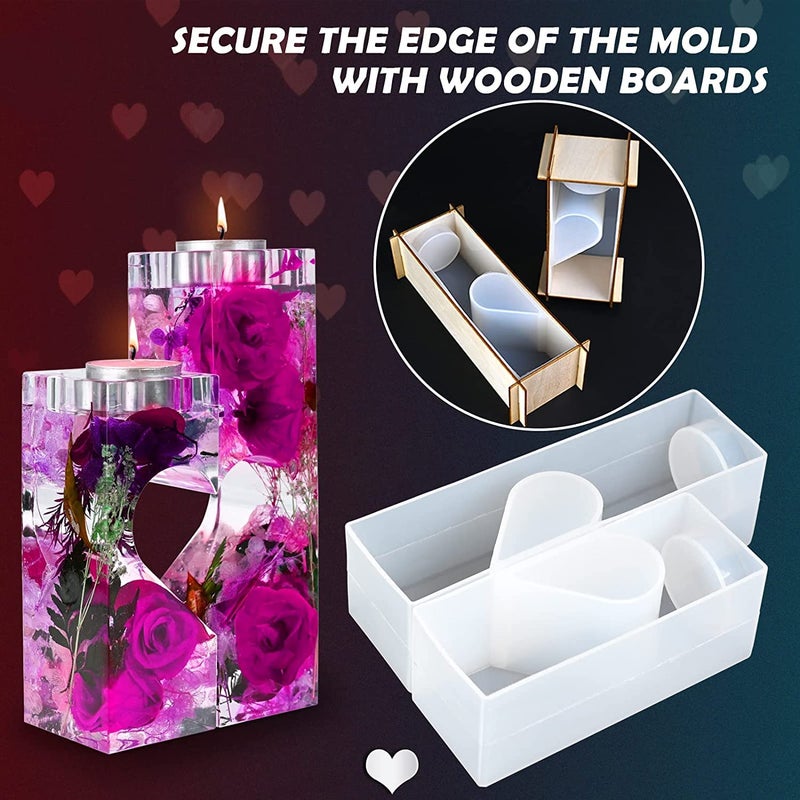 SNOOGG Romantic Warm Gift Heart Shape Resin Tealight Candles Holders Mold Set, 2pc molds and 2pc Wooden Frame. Moulds for Epoxy Casting DIY Wedding Party Home Decor Valentine’s Day Gift - Image 3